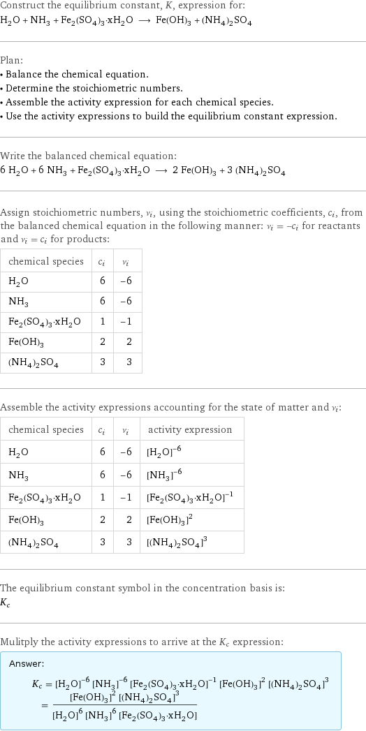 Construct the equilibrium constant, K, expression for: H_2O + NH_3 + Fe_2(SO_4)_3·xH_2O ⟶ Fe(OH)_3 + (NH_4)_2SO_4 Plan: • Balance the chemical equation. • Determine the stoichiometric numbers. • Assemble the activity expression for each chemical species. • Use the activity expressions to build the equilibrium constant expression. Write the balanced chemical equation: 6 H_2O + 6 NH_3 + Fe_2(SO_4)_3·xH_2O ⟶ 2 Fe(OH)_3 + 3 (NH_4)_2SO_4 Assign stoichiometric numbers, ν_i, using the stoichiometric coefficients, c_i, from the balanced chemical equation in the following manner: ν_i = -c_i for reactants and ν_i = c_i for products: chemical species | c_i | ν_i H_2O | 6 | -6 NH_3 | 6 | -6 Fe_2(SO_4)_3·xH_2O | 1 | -1 Fe(OH)_3 | 2 | 2 (NH_4)_2SO_4 | 3 | 3 Assemble the activity expressions accounting for the state of matter and ν_i: chemical species | c_i | ν_i | activity expression H_2O | 6 | -6 | ([H2O])^(-6) NH_3 | 6 | -6 | ([NH3])^(-6) Fe_2(SO_4)_3·xH_2O | 1 | -1 | ([Fe2(SO4)3·xH2O])^(-1) Fe(OH)_3 | 2 | 2 | ([Fe(OH)3])^2 (NH_4)_2SO_4 | 3 | 3 | ([(NH4)2SO4])^3 The equilibrium constant symbol in the concentration basis is: K_c Mulitply the activity expressions to arrive at the K_c expression: Answer: |   | K_c = ([H2O])^(-6) ([NH3])^(-6) ([Fe2(SO4)3·xH2O])^(-1) ([Fe(OH)3])^2 ([(NH4)2SO4])^3 = (([Fe(OH)3])^2 ([(NH4)2SO4])^3)/(([H2O])^6 ([NH3])^6 [Fe2(SO4)3·xH2O])