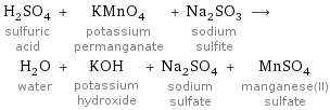H_2SO_4 sulfuric acid + KMnO_4 potassium permanganate + Na_2SO_3 sodium sulfite ⟶ H_2O water + KOH potassium hydroxide + Na_2SO_4 sodium sulfate + MnSO_4 manganese(II) sulfate