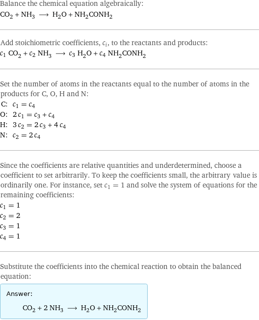 Balance the chemical equation algebraically: CO_2 + NH_3 ⟶ H_2O + NH_2CONH_2 Add stoichiometric coefficients, c_i, to the reactants and products: c_1 CO_2 + c_2 NH_3 ⟶ c_3 H_2O + c_4 NH_2CONH_2 Set the number of atoms in the reactants equal to the number of atoms in the products for C, O, H and N: C: | c_1 = c_4 O: | 2 c_1 = c_3 + c_4 H: | 3 c_2 = 2 c_3 + 4 c_4 N: | c_2 = 2 c_4 Since the coefficients are relative quantities and underdetermined, choose a coefficient to set arbitrarily. To keep the coefficients small, the arbitrary value is ordinarily one. For instance, set c_1 = 1 and solve the system of equations for the remaining coefficients: c_1 = 1 c_2 = 2 c_3 = 1 c_4 = 1 Substitute the coefficients into the chemical reaction to obtain the balanced equation: Answer: |   | CO_2 + 2 NH_3 ⟶ H_2O + NH_2CONH_2