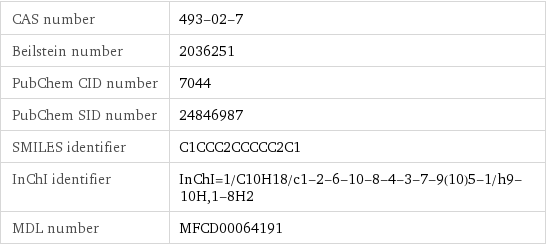 CAS number | 493-02-7 Beilstein number | 2036251 PubChem CID number | 7044 PubChem SID number | 24846987 SMILES identifier | C1CCC2CCCCC2C1 InChI identifier | InChI=1/C10H18/c1-2-6-10-8-4-3-7-9(10)5-1/h9-10H, 1-8H2 MDL number | MFCD00064191