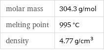 molar mass | 304.3 g/mol melting point | 995 °C density | 4.77 g/cm^3