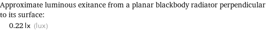 Approximate luminous exitance from a planar blackbody radiator perpendicular to its surface:  | 0.22 lx (lux)