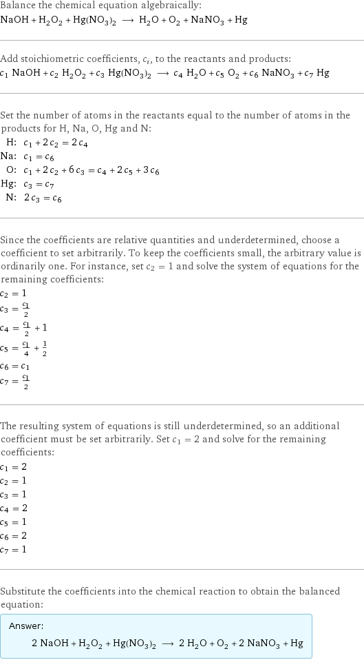 Balance the chemical equation algebraically: NaOH + H_2O_2 + Hg(NO_3)_2 ⟶ H_2O + O_2 + NaNO_3 + Hg Add stoichiometric coefficients, c_i, to the reactants and products: c_1 NaOH + c_2 H_2O_2 + c_3 Hg(NO_3)_2 ⟶ c_4 H_2O + c_5 O_2 + c_6 NaNO_3 + c_7 Hg Set the number of atoms in the reactants equal to the number of atoms in the products for H, Na, O, Hg and N: H: | c_1 + 2 c_2 = 2 c_4 Na: | c_1 = c_6 O: | c_1 + 2 c_2 + 6 c_3 = c_4 + 2 c_5 + 3 c_6 Hg: | c_3 = c_7 N: | 2 c_3 = c_6 Since the coefficients are relative quantities and underdetermined, choose a coefficient to set arbitrarily. To keep the coefficients small, the arbitrary value is ordinarily one. For instance, set c_2 = 1 and solve the system of equations for the remaining coefficients: c_2 = 1 c_3 = c_1/2 c_4 = c_1/2 + 1 c_5 = c_1/4 + 1/2 c_6 = c_1 c_7 = c_1/2 The resulting system of equations is still underdetermined, so an additional coefficient must be set arbitrarily. Set c_1 = 2 and solve for the remaining coefficients: c_1 = 2 c_2 = 1 c_3 = 1 c_4 = 2 c_5 = 1 c_6 = 2 c_7 = 1 Substitute the coefficients into the chemical reaction to obtain the balanced equation: Answer: |   | 2 NaOH + H_2O_2 + Hg(NO_3)_2 ⟶ 2 H_2O + O_2 + 2 NaNO_3 + Hg