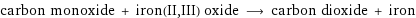 carbon monoxide + iron(II, III) oxide ⟶ carbon dioxide + iron