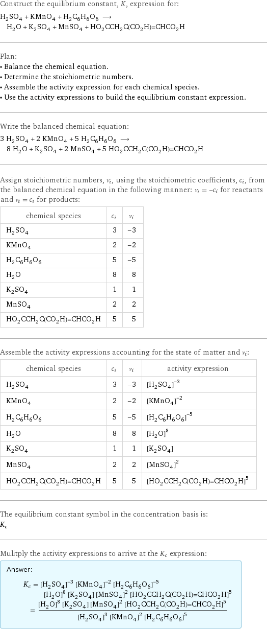 Construct the equilibrium constant, K, expression for: H_2SO_4 + KMnO_4 + H_2C_6H_6O_6 ⟶ H_2O + K_2SO_4 + MnSO_4 + HO_2CCH_2C(CO_2H)=CHCO_2H Plan: • Balance the chemical equation. • Determine the stoichiometric numbers. • Assemble the activity expression for each chemical species. • Use the activity expressions to build the equilibrium constant expression. Write the balanced chemical equation: 3 H_2SO_4 + 2 KMnO_4 + 5 H_2C_6H_6O_6 ⟶ 8 H_2O + K_2SO_4 + 2 MnSO_4 + 5 HO_2CCH_2C(CO_2H)=CHCO_2H Assign stoichiometric numbers, ν_i, using the stoichiometric coefficients, c_i, from the balanced chemical equation in the following manner: ν_i = -c_i for reactants and ν_i = c_i for products: chemical species | c_i | ν_i H_2SO_4 | 3 | -3 KMnO_4 | 2 | -2 H_2C_6H_6O_6 | 5 | -5 H_2O | 8 | 8 K_2SO_4 | 1 | 1 MnSO_4 | 2 | 2 HO_2CCH_2C(CO_2H)=CHCO_2H | 5 | 5 Assemble the activity expressions accounting for the state of matter and ν_i: chemical species | c_i | ν_i | activity expression H_2SO_4 | 3 | -3 | ([H2SO4])^(-3) KMnO_4 | 2 | -2 | ([KMnO4])^(-2) H_2C_6H_6O_6 | 5 | -5 | ([H2C6H6O6])^(-5) H_2O | 8 | 8 | ([H2O])^8 K_2SO_4 | 1 | 1 | [K2SO4] MnSO_4 | 2 | 2 | ([MnSO4])^2 HO_2CCH_2C(CO_2H)=CHCO_2H | 5 | 5 | ([HO2CCH2C(CO2H)=CHCO2H])^5 The equilibrium constant symbol in the concentration basis is: K_c Mulitply the activity expressions to arrive at the K_c expression: Answer: |   | K_c = ([H2SO4])^(-3) ([KMnO4])^(-2) ([H2C6H6O6])^(-5) ([H2O])^8 [K2SO4] ([MnSO4])^2 ([HO2CCH2C(CO2H)=CHCO2H])^5 = (([H2O])^8 [K2SO4] ([MnSO4])^2 ([HO2CCH2C(CO2H)=CHCO2H])^5)/(([H2SO4])^3 ([KMnO4])^2 ([H2C6H6O6])^5)