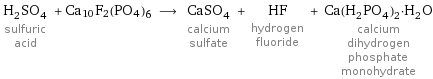 H_2SO_4 sulfuric acid + Ca10F2(PO4)6 ⟶ CaSO_4 calcium sulfate + HF hydrogen fluoride + Ca(H_2PO_4)_2·H_2O calcium dihydrogen phosphate monohydrate