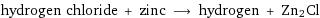 hydrogen chloride + zinc ⟶ hydrogen + Zn2Cl