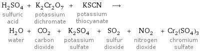 H_2SO_4 sulfuric acid + K_2Cr_2O_7 potassium dichromate + KSCN potassium thiocyanate ⟶ H_2O water + CO_2 carbon dioxide + K_2SO_4 potassium sulfate + SO_2 sulfur dioxide + NO_2 nitrogen dioxide + Cr_2(SO_4)_3 chromium sulfate