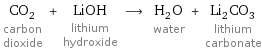 CO_2 carbon dioxide + LiOH lithium hydroxide ⟶ H_2O water + Li_2CO_3 lithium carbonate