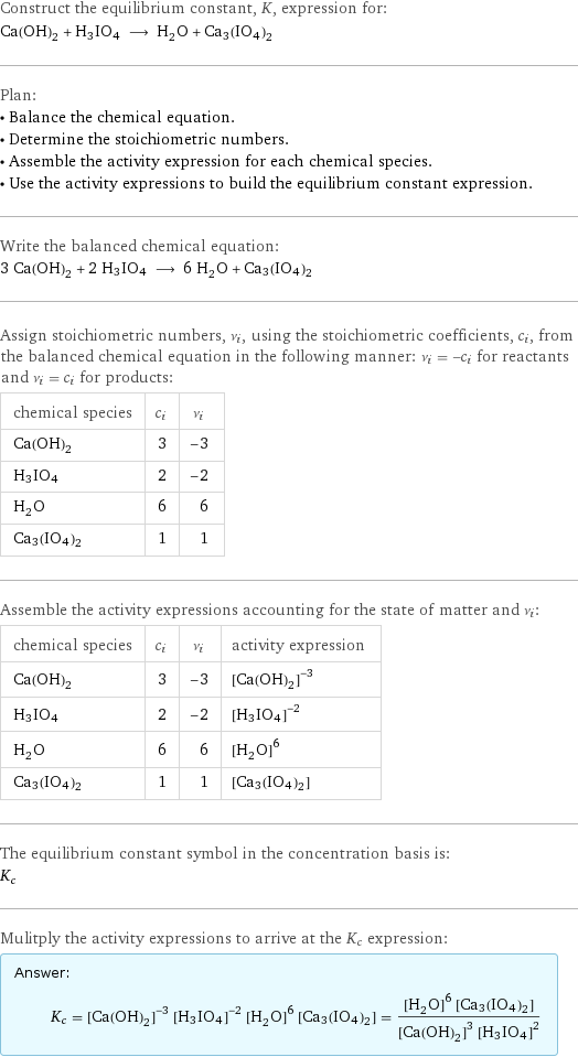 Construct the equilibrium constant, K, expression for: Ca(OH)_2 + H3IO4 ⟶ H_2O + Ca3(IO4)2 Plan: • Balance the chemical equation. • Determine the stoichiometric numbers. • Assemble the activity expression for each chemical species. • Use the activity expressions to build the equilibrium constant expression. Write the balanced chemical equation: 3 Ca(OH)_2 + 2 H3IO4 ⟶ 6 H_2O + Ca3(IO4)2 Assign stoichiometric numbers, ν_i, using the stoichiometric coefficients, c_i, from the balanced chemical equation in the following manner: ν_i = -c_i for reactants and ν_i = c_i for products: chemical species | c_i | ν_i Ca(OH)_2 | 3 | -3 H3IO4 | 2 | -2 H_2O | 6 | 6 Ca3(IO4)2 | 1 | 1 Assemble the activity expressions accounting for the state of matter and ν_i: chemical species | c_i | ν_i | activity expression Ca(OH)_2 | 3 | -3 | ([Ca(OH)2])^(-3) H3IO4 | 2 | -2 | ([H3IO4])^(-2) H_2O | 6 | 6 | ([H2O])^6 Ca3(IO4)2 | 1 | 1 | [Ca3(IO4)2] The equilibrium constant symbol in the concentration basis is: K_c Mulitply the activity expressions to arrive at the K_c expression: Answer: |   | K_c = ([Ca(OH)2])^(-3) ([H3IO4])^(-2) ([H2O])^6 [Ca3(IO4)2] = (([H2O])^6 [Ca3(IO4)2])/(([Ca(OH)2])^3 ([H3IO4])^2)