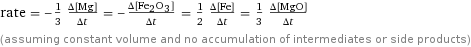 rate = -1/3 (Δ[Mg])/(Δt) = -(Δ[Fe2O3])/(Δt) = 1/2 (Δ[Fe])/(Δt) = 1/3 (Δ[MgO])/(Δt) (assuming constant volume and no accumulation of intermediates or side products)