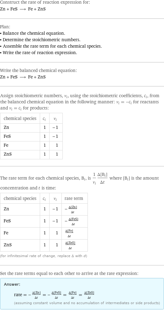 Construct the rate of reaction expression for: Zn + FeS ⟶ Fe + ZnS Plan: • Balance the chemical equation. • Determine the stoichiometric numbers. • Assemble the rate term for each chemical species. • Write the rate of reaction expression. Write the balanced chemical equation: Zn + FeS ⟶ Fe + ZnS Assign stoichiometric numbers, ν_i, using the stoichiometric coefficients, c_i, from the balanced chemical equation in the following manner: ν_i = -c_i for reactants and ν_i = c_i for products: chemical species | c_i | ν_i Zn | 1 | -1 FeS | 1 | -1 Fe | 1 | 1 ZnS | 1 | 1 The rate term for each chemical species, B_i, is 1/ν_i(Δ[B_i])/(Δt) where [B_i] is the amount concentration and t is time: chemical species | c_i | ν_i | rate term Zn | 1 | -1 | -(Δ[Zn])/(Δt) FeS | 1 | -1 | -(Δ[FeS])/(Δt) Fe | 1 | 1 | (Δ[Fe])/(Δt) ZnS | 1 | 1 | (Δ[ZnS])/(Δt) (for infinitesimal rate of change, replace Δ with d) Set the rate terms equal to each other to arrive at the rate expression: Answer: |   | rate = -(Δ[Zn])/(Δt) = -(Δ[FeS])/(Δt) = (Δ[Fe])/(Δt) = (Δ[ZnS])/(Δt) (assuming constant volume and no accumulation of intermediates or side products)