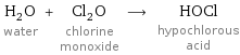 H_2O water + Cl_2O chlorine monoxide ⟶ HOCl hypochlorous acid