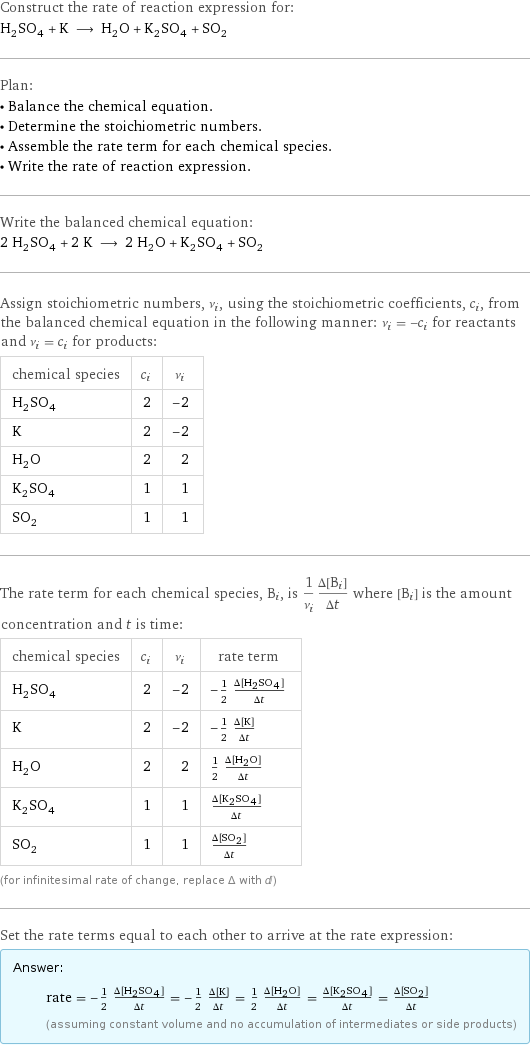 Construct the rate of reaction expression for: H_2SO_4 + K ⟶ H_2O + K_2SO_4 + SO_2 Plan: • Balance the chemical equation. • Determine the stoichiometric numbers. • Assemble the rate term for each chemical species. • Write the rate of reaction expression. Write the balanced chemical equation: 2 H_2SO_4 + 2 K ⟶ 2 H_2O + K_2SO_4 + SO_2 Assign stoichiometric numbers, ν_i, using the stoichiometric coefficients, c_i, from the balanced chemical equation in the following manner: ν_i = -c_i for reactants and ν_i = c_i for products: chemical species | c_i | ν_i H_2SO_4 | 2 | -2 K | 2 | -2 H_2O | 2 | 2 K_2SO_4 | 1 | 1 SO_2 | 1 | 1 The rate term for each chemical species, B_i, is 1/ν_i(Δ[B_i])/(Δt) where [B_i] is the amount concentration and t is time: chemical species | c_i | ν_i | rate term H_2SO_4 | 2 | -2 | -1/2 (Δ[H2SO4])/(Δt) K | 2 | -2 | -1/2 (Δ[K])/(Δt) H_2O | 2 | 2 | 1/2 (Δ[H2O])/(Δt) K_2SO_4 | 1 | 1 | (Δ[K2SO4])/(Δt) SO_2 | 1 | 1 | (Δ[SO2])/(Δt) (for infinitesimal rate of change, replace Δ with d) Set the rate terms equal to each other to arrive at the rate expression: Answer: |   | rate = -1/2 (Δ[H2SO4])/(Δt) = -1/2 (Δ[K])/(Δt) = 1/2 (Δ[H2O])/(Δt) = (Δ[K2SO4])/(Δt) = (Δ[SO2])/(Δt) (assuming constant volume and no accumulation of intermediates or side products)