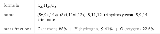 formula | C_20H_34O_5 name | (5z, 9e, 14z)-(8xi, 11xi, 12s)-8, 11, 12-trihydroxyicosa-5, 9, 14-trienoate mass fractions | C (carbon) 68% | H (hydrogen) 9.41% | O (oxygen) 22.6%