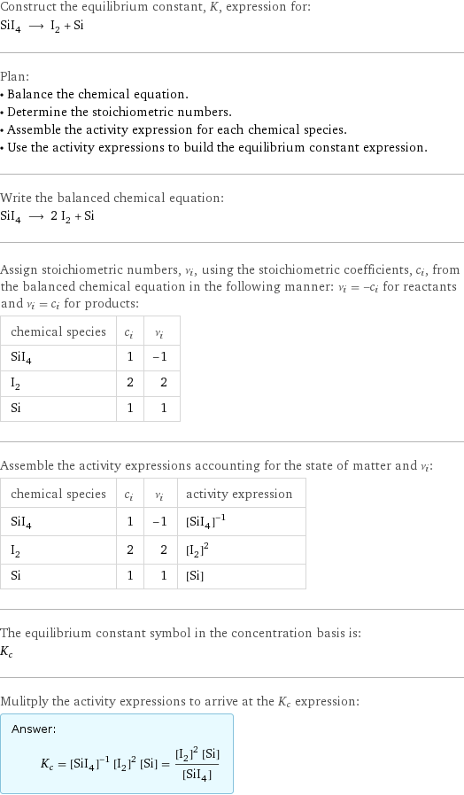 Construct the equilibrium constant, K, expression for: SiI_4 ⟶ I_2 + Si Plan: • Balance the chemical equation. • Determine the stoichiometric numbers. • Assemble the activity expression for each chemical species. • Use the activity expressions to build the equilibrium constant expression. Write the balanced chemical equation: SiI_4 ⟶ 2 I_2 + Si Assign stoichiometric numbers, ν_i, using the stoichiometric coefficients, c_i, from the balanced chemical equation in the following manner: ν_i = -c_i for reactants and ν_i = c_i for products: chemical species | c_i | ν_i SiI_4 | 1 | -1 I_2 | 2 | 2 Si | 1 | 1 Assemble the activity expressions accounting for the state of matter and ν_i: chemical species | c_i | ν_i | activity expression SiI_4 | 1 | -1 | ([SiI4])^(-1) I_2 | 2 | 2 | ([I2])^2 Si | 1 | 1 | [Si] The equilibrium constant symbol in the concentration basis is: K_c Mulitply the activity expressions to arrive at the K_c expression: Answer: |   | K_c = ([SiI4])^(-1) ([I2])^2 [Si] = (([I2])^2 [Si])/([SiI4])