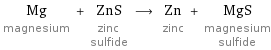 Mg magnesium + ZnS zinc sulfide ⟶ Zn zinc + MgS magnesium sulfide