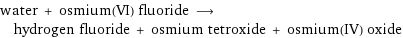 water + osmium(VI) fluoride ⟶ hydrogen fluoride + osmium tetroxide + osmium(IV) oxide