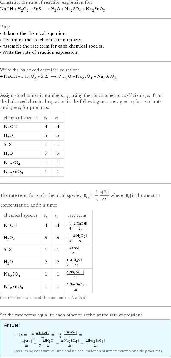 Construct the rate of reaction expression for: NaOH + H_2O_2 + SnS ⟶ H_2O + Na_2SO_4 + Na_2SnO_3 Plan: • Balance the chemical equation. • Determine the stoichiometric numbers. • Assemble the rate term for each chemical species. • Write the rate of reaction expression. Write the balanced chemical equation: 4 NaOH + 5 H_2O_2 + SnS ⟶ 7 H_2O + Na_2SO_4 + Na_2SnO_3 Assign stoichiometric numbers, ν_i, using the stoichiometric coefficients, c_i, from the balanced chemical equation in the following manner: ν_i = -c_i for reactants and ν_i = c_i for products: chemical species | c_i | ν_i NaOH | 4 | -4 H_2O_2 | 5 | -5 SnS | 1 | -1 H_2O | 7 | 7 Na_2SO_4 | 1 | 1 Na_2SnO_3 | 1 | 1 The rate term for each chemical species, B_i, is 1/ν_i(Δ[B_i])/(Δt) where [B_i] is the amount concentration and t is time: chemical species | c_i | ν_i | rate term NaOH | 4 | -4 | -1/4 (Δ[NaOH])/(Δt) H_2O_2 | 5 | -5 | -1/5 (Δ[H2O2])/(Δt) SnS | 1 | -1 | -(Δ[SnS])/(Δt) H_2O | 7 | 7 | 1/7 (Δ[H2O])/(Δt) Na_2SO_4 | 1 | 1 | (Δ[Na2SO4])/(Δt) Na_2SnO_3 | 1 | 1 | (Δ[Na2SnO3])/(Δt) (for infinitesimal rate of change, replace Δ with d) Set the rate terms equal to each other to arrive at the rate expression: Answer: |   | rate = -1/4 (Δ[NaOH])/(Δt) = -1/5 (Δ[H2O2])/(Δt) = -(Δ[SnS])/(Δt) = 1/7 (Δ[H2O])/(Δt) = (Δ[Na2SO4])/(Δt) = (Δ[Na2SnO3])/(Δt) (assuming constant volume and no accumulation of intermediates or side products)