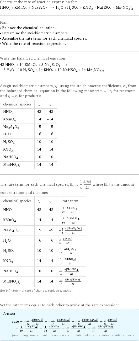 Construct the rate of reaction expression for: HNO_3 + KMnO_4 + Na2S4O6 ⟶ H_2O + H_2SO_4 + KNO_3 + NaHSO_4 + Mn(NO_3)_2 Plan: • Balance the chemical equation. • Determine the stoichiometric numbers. • Assemble the rate term for each chemical species. • Write the rate of reaction expression. Write the balanced chemical equation: 42 HNO_3 + 14 KMnO_4 + 5 Na2S4O6 ⟶ 6 H_2O + 10 H_2SO_4 + 14 KNO_3 + 10 NaHSO_4 + 14 Mn(NO_3)_2 Assign stoichiometric numbers, ν_i, using the stoichiometric coefficients, c_i, from the balanced chemical equation in the following manner: ν_i = -c_i for reactants and ν_i = c_i for products: chemical species | c_i | ν_i HNO_3 | 42 | -42 KMnO_4 | 14 | -14 Na2S4O6 | 5 | -5 H_2O | 6 | 6 H_2SO_4 | 10 | 10 KNO_3 | 14 | 14 NaHSO_4 | 10 | 10 Mn(NO_3)_2 | 14 | 14 The rate term for each chemical species, B_i, is 1/ν_i(Δ[B_i])/(Δt) where [B_i] is the amount concentration and t is time: chemical species | c_i | ν_i | rate term HNO_3 | 42 | -42 | -1/42 (Δ[HNO3])/(Δt) KMnO_4 | 14 | -14 | -1/14 (Δ[KMnO4])/(Δt) Na2S4O6 | 5 | -5 | -1/5 (Δ[Na2S4O6])/(Δt) H_2O | 6 | 6 | 1/6 (Δ[H2O])/(Δt) H_2SO_4 | 10 | 10 | 1/10 (Δ[H2SO4])/(Δt) KNO_3 | 14 | 14 | 1/14 (Δ[KNO3])/(Δt) NaHSO_4 | 10 | 10 | 1/10 (Δ[NaHSO4])/(Δt) Mn(NO_3)_2 | 14 | 14 | 1/14 (Δ[Mn(NO3)2])/(Δt) (for infinitesimal rate of change, replace Δ with d) Set the rate terms equal to each other to arrive at the rate expression: Answer: |   | rate = -1/42 (Δ[HNO3])/(Δt) = -1/14 (Δ[KMnO4])/(Δt) = -1/5 (Δ[Na2S4O6])/(Δt) = 1/6 (Δ[H2O])/(Δt) = 1/10 (Δ[H2SO4])/(Δt) = 1/14 (Δ[KNO3])/(Δt) = 1/10 (Δ[NaHSO4])/(Δt) = 1/14 (Δ[Mn(NO3)2])/(Δt) (assuming constant volume and no accumulation of intermediates or side products)