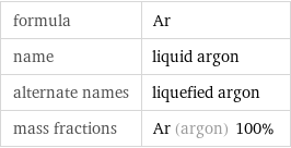 formula | Ar name | liquid argon alternate names | liquefied argon mass fractions | Ar (argon) 100%