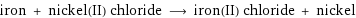 iron + nickel(II) chloride ⟶ iron(II) chloride + nickel