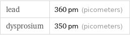 lead | 360 pm (picometers) dysprosium | 350 pm (picometers)