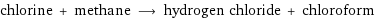 chlorine + methane ⟶ hydrogen chloride + chloroform