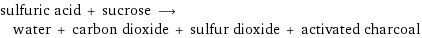 sulfuric acid + sucrose ⟶ water + carbon dioxide + sulfur dioxide + activated charcoal