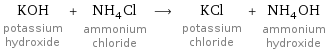 KOH potassium hydroxide + NH_4Cl ammonium chloride ⟶ KCl potassium chloride + NH_4OH ammonium hydroxide