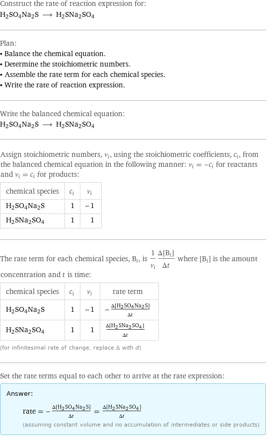 Construct the rate of reaction expression for: H2SO4Na2S ⟶ H2SNa2SO4 Plan: • Balance the chemical equation. • Determine the stoichiometric numbers. • Assemble the rate term for each chemical species. • Write the rate of reaction expression. Write the balanced chemical equation: H2SO4Na2S ⟶ H2SNa2SO4 Assign stoichiometric numbers, ν_i, using the stoichiometric coefficients, c_i, from the balanced chemical equation in the following manner: ν_i = -c_i for reactants and ν_i = c_i for products: chemical species | c_i | ν_i H2SO4Na2S | 1 | -1 H2SNa2SO4 | 1 | 1 The rate term for each chemical species, B_i, is 1/ν_i(Δ[B_i])/(Δt) where [B_i] is the amount concentration and t is time: chemical species | c_i | ν_i | rate term H2SO4Na2S | 1 | -1 | -(Δ[H2SO4Na2S])/(Δt) H2SNa2SO4 | 1 | 1 | (Δ[H2SNa2SO4])/(Δt) (for infinitesimal rate of change, replace Δ with d) Set the rate terms equal to each other to arrive at the rate expression: Answer: |   | rate = -(Δ[H2SO4Na2S])/(Δt) = (Δ[H2SNa2SO4])/(Δt) (assuming constant volume and no accumulation of intermediates or side products)