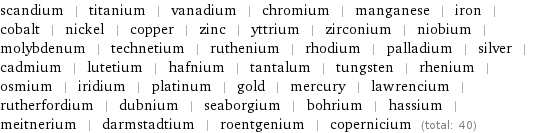 scandium | titanium | vanadium | chromium | manganese | iron | cobalt | nickel | copper | zinc | yttrium | zirconium | niobium | molybdenum | technetium | ruthenium | rhodium | palladium | silver | cadmium | lutetium | hafnium | tantalum | tungsten | rhenium | osmium | iridium | platinum | gold | mercury | lawrencium | rutherfordium | dubnium | seaborgium | bohrium | hassium | meitnerium | darmstadtium | roentgenium | copernicium (total: 40)