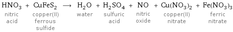 HNO_3 nitric acid + CuFeS_2 copper(II) ferrous sulfide ⟶ H_2O water + H_2SO_4 sulfuric acid + NO nitric oxide + Cu(NO_3)_2 copper(II) nitrate + Fe(NO_3)_3 ferric nitrate