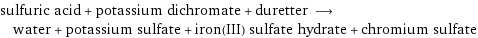 sulfuric acid + potassium dichromate + duretter ⟶ water + potassium sulfate + iron(III) sulfate hydrate + chromium sulfate