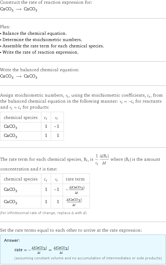 Construct the rate of reaction expression for: CaCO_3 ⟶ CaCO_3 Plan: • Balance the chemical equation. • Determine the stoichiometric numbers. • Assemble the rate term for each chemical species. • Write the rate of reaction expression. Write the balanced chemical equation: CaCO_3 ⟶ CaCO_3 Assign stoichiometric numbers, ν_i, using the stoichiometric coefficients, c_i, from the balanced chemical equation in the following manner: ν_i = -c_i for reactants and ν_i = c_i for products: chemical species | c_i | ν_i CaCO_3 | 1 | -1 CaCO_3 | 1 | 1 The rate term for each chemical species, B_i, is 1/ν_i(Δ[B_i])/(Δt) where [B_i] is the amount concentration and t is time: chemical species | c_i | ν_i | rate term CaCO_3 | 1 | -1 | -(Δ[CaCO3])/(Δt) CaCO_3 | 1 | 1 | (Δ[CaCO3])/(Δt) (for infinitesimal rate of change, replace Δ with d) Set the rate terms equal to each other to arrive at the rate expression: Answer: |   | rate = -(Δ[CaCO3])/(Δt) = (Δ[CaCO3])/(Δt) (assuming constant volume and no accumulation of intermediates or side products)