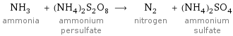 NH_3 ammonia + (NH_4)_2S_2O_8 ammonium persulfate ⟶ N_2 nitrogen + (NH_4)_2SO_4 ammonium sulfate