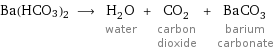 Ba(HCO3)2 ⟶ H_2O water + CO_2 carbon dioxide + BaCO_3 barium carbonate