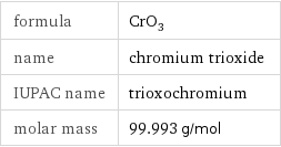 formula | CrO_3 name | chromium trioxide IUPAC name | trioxochromium molar mass | 99.993 g/mol