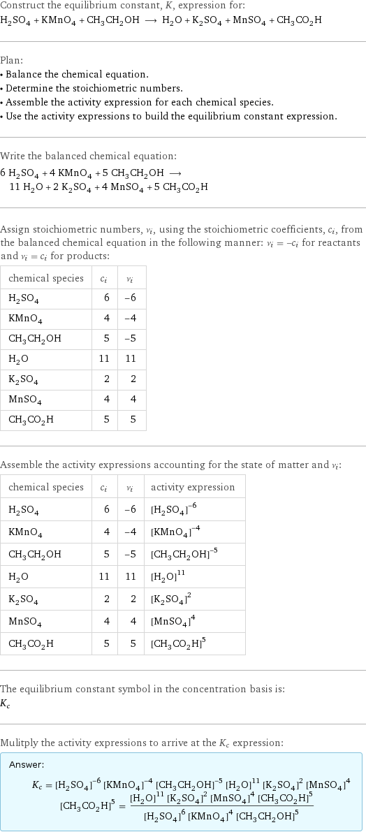 Construct the equilibrium constant, K, expression for: H_2SO_4 + KMnO_4 + CH_3CH_2OH ⟶ H_2O + K_2SO_4 + MnSO_4 + CH_3CO_2H Plan: • Balance the chemical equation. • Determine the stoichiometric numbers. • Assemble the activity expression for each chemical species. • Use the activity expressions to build the equilibrium constant expression. Write the balanced chemical equation: 6 H_2SO_4 + 4 KMnO_4 + 5 CH_3CH_2OH ⟶ 11 H_2O + 2 K_2SO_4 + 4 MnSO_4 + 5 CH_3CO_2H Assign stoichiometric numbers, ν_i, using the stoichiometric coefficients, c_i, from the balanced chemical equation in the following manner: ν_i = -c_i for reactants and ν_i = c_i for products: chemical species | c_i | ν_i H_2SO_4 | 6 | -6 KMnO_4 | 4 | -4 CH_3CH_2OH | 5 | -5 H_2O | 11 | 11 K_2SO_4 | 2 | 2 MnSO_4 | 4 | 4 CH_3CO_2H | 5 | 5 Assemble the activity expressions accounting for the state of matter and ν_i: chemical species | c_i | ν_i | activity expression H_2SO_4 | 6 | -6 | ([H2SO4])^(-6) KMnO_4 | 4 | -4 | ([KMnO4])^(-4) CH_3CH_2OH | 5 | -5 | ([CH3CH2OH])^(-5) H_2O | 11 | 11 | ([H2O])^11 K_2SO_4 | 2 | 2 | ([K2SO4])^2 MnSO_4 | 4 | 4 | ([MnSO4])^4 CH_3CO_2H | 5 | 5 | ([CH3CO2H])^5 The equilibrium constant symbol in the concentration basis is: K_c Mulitply the activity expressions to arrive at the K_c expression: Answer: |   | K_c = ([H2SO4])^(-6) ([KMnO4])^(-4) ([CH3CH2OH])^(-5) ([H2O])^11 ([K2SO4])^2 ([MnSO4])^4 ([CH3CO2H])^5 = (([H2O])^11 ([K2SO4])^2 ([MnSO4])^4 ([CH3CO2H])^5)/(([H2SO4])^6 ([KMnO4])^4 ([CH3CH2OH])^5)