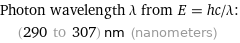 Photon wavelength λ from E = hc/λ:  | (290 to 307) nm (nanometers)