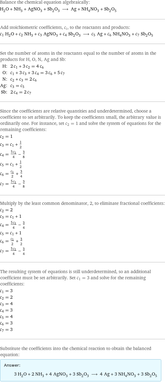 Balance the chemical equation algebraically: H_2O + NH_3 + AgNO_3 + Sb_2O_3 ⟶ Ag + NH_4NO_3 + Sb_2O_5 Add stoichiometric coefficients, c_i, to the reactants and products: c_1 H_2O + c_2 NH_3 + c_3 AgNO_3 + c_4 Sb_2O_3 ⟶ c_5 Ag + c_6 NH_4NO_3 + c_7 Sb_2O_5 Set the number of atoms in the reactants equal to the number of atoms in the products for H, O, N, Ag and Sb: H: | 2 c_1 + 3 c_2 = 4 c_6 O: | c_1 + 3 c_3 + 3 c_4 = 3 c_6 + 5 c_7 N: | c_2 + c_3 = 2 c_6 Ag: | c_3 = c_5 Sb: | 2 c_4 = 2 c_7 Since the coefficients are relative quantities and underdetermined, choose a coefficient to set arbitrarily. To keep the coefficients small, the arbitrary value is ordinarily one. For instance, set c_2 = 1 and solve the system of equations for the remaining coefficients: c_2 = 1 c_3 = c_1 + 1/2 c_4 = (5 c_1)/4 - 3/8 c_5 = c_1 + 1/2 c_6 = c_1/2 + 3/4 c_7 = (5 c_1)/4 - 3/8 Multiply by the least common denominator, 2, to eliminate fractional coefficients: c_2 = 2 c_3 = c_1 + 1 c_4 = (5 c_1)/4 - 3/4 c_5 = c_1 + 1 c_6 = c_1/2 + 3/2 c_7 = (5 c_1)/4 - 3/4 The resulting system of equations is still underdetermined, so an additional coefficient must be set arbitrarily. Set c_1 = 3 and solve for the remaining coefficients: c_1 = 3 c_2 = 2 c_3 = 4 c_4 = 3 c_5 = 4 c_6 = 3 c_7 = 3 Substitute the coefficients into the chemical reaction to obtain the balanced equation: Answer: |   | 3 H_2O + 2 NH_3 + 4 AgNO_3 + 3 Sb_2O_3 ⟶ 4 Ag + 3 NH_4NO_3 + 3 Sb_2O_5