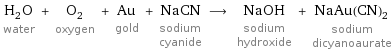 H_2O water + O_2 oxygen + Au gold + NaCN sodium cyanide ⟶ NaOH sodium hydroxide + NaAu(CN)_2 sodium dicyanoaurate