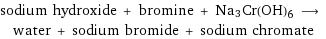 sodium hydroxide + bromine + Na3Cr(OH)6 ⟶ water + sodium bromide + sodium chromate