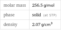 molar mass | 256.5 g/mol phase | solid (at STP) density | 2.07 g/cm^3