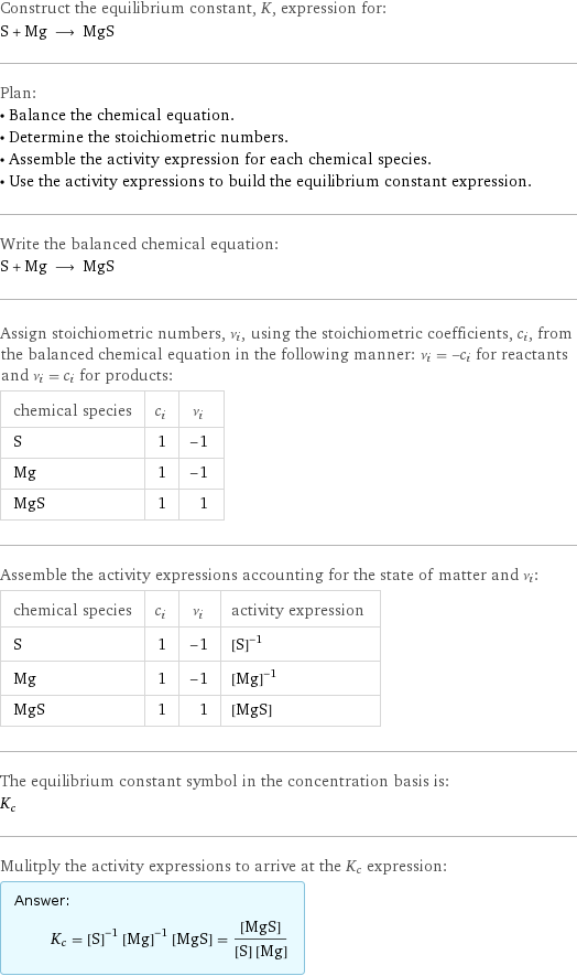 Construct the equilibrium constant, K, expression for: S + Mg ⟶ MgS Plan: • Balance the chemical equation. • Determine the stoichiometric numbers. • Assemble the activity expression for each chemical species. • Use the activity expressions to build the equilibrium constant expression. Write the balanced chemical equation: S + Mg ⟶ MgS Assign stoichiometric numbers, ν_i, using the stoichiometric coefficients, c_i, from the balanced chemical equation in the following manner: ν_i = -c_i for reactants and ν_i = c_i for products: chemical species | c_i | ν_i S | 1 | -1 Mg | 1 | -1 MgS | 1 | 1 Assemble the activity expressions accounting for the state of matter and ν_i: chemical species | c_i | ν_i | activity expression S | 1 | -1 | ([S])^(-1) Mg | 1 | -1 | ([Mg])^(-1) MgS | 1 | 1 | [MgS] The equilibrium constant symbol in the concentration basis is: K_c Mulitply the activity expressions to arrive at the K_c expression: Answer: |   | K_c = ([S])^(-1) ([Mg])^(-1) [MgS] = ([MgS])/([S] [Mg])