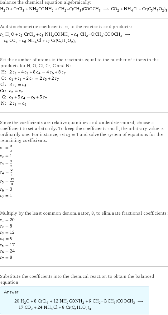 Balance the chemical equation algebraically: H_2O + CrCl_3 + NH_2CONH_2 + CH_2=C(CH_3)COOCH_3 ⟶ CO_2 + NH_4Cl + Cr(C_5H_7O_2)_3 Add stoichiometric coefficients, c_i, to the reactants and products: c_1 H_2O + c_2 CrCl_3 + c_3 NH_2CONH_2 + c_4 CH_2=C(CH_3)COOCH_3 ⟶ c_5 CO_2 + c_6 NH_4Cl + c_7 Cr(C_5H_7O_2)_3 Set the number of atoms in the reactants equal to the number of atoms in the products for H, O, Cl, Cr, C and N: H: | 2 c_1 + 4 c_3 + 8 c_4 = 4 c_6 + 8 c_7 O: | c_1 + c_3 + 2 c_4 = 2 c_5 + 2 c_7 Cl: | 3 c_2 = c_6 Cr: | c_2 = c_7 C: | c_3 + 5 c_4 = c_5 + 5 c_7 N: | 2 c_3 = c_6 Since the coefficients are relative quantities and underdetermined, choose a coefficient to set arbitrarily. To keep the coefficients small, the arbitrary value is ordinarily one. For instance, set c_2 = 1 and solve the system of equations for the remaining coefficients: c_1 = 5/2 c_2 = 1 c_3 = 3/2 c_4 = 9/8 c_5 = 17/8 c_6 = 3 c_7 = 1 Multiply by the least common denominator, 8, to eliminate fractional coefficients: c_1 = 20 c_2 = 8 c_3 = 12 c_4 = 9 c_5 = 17 c_6 = 24 c_7 = 8 Substitute the coefficients into the chemical reaction to obtain the balanced equation: Answer: |   | 20 H_2O + 8 CrCl_3 + 12 NH_2CONH_2 + 9 CH_2=C(CH_3)COOCH_3 ⟶ 17 CO_2 + 24 NH_4Cl + 8 Cr(C_5H_7O_2)_3