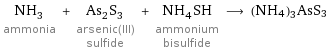 NH_3 ammonia + As_2S_3 arsenic(III) sulfide + NH_4SH ammonium bisulfide ⟶ (NH4)3AsS3