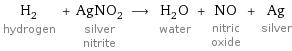 H_2 hydrogen + AgNO_2 silver nitrite ⟶ H_2O water + NO nitric oxide + Ag silver