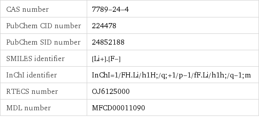 CAS number | 7789-24-4 PubChem CID number | 224478 PubChem SID number | 24852188 SMILES identifier | [Li+].[F-] InChI identifier | InChI=1/FH.Li/h1H;/q;+1/p-1/fF.Li/h1h;/q-1;m RTECS number | OJ6125000 MDL number | MFCD00011090