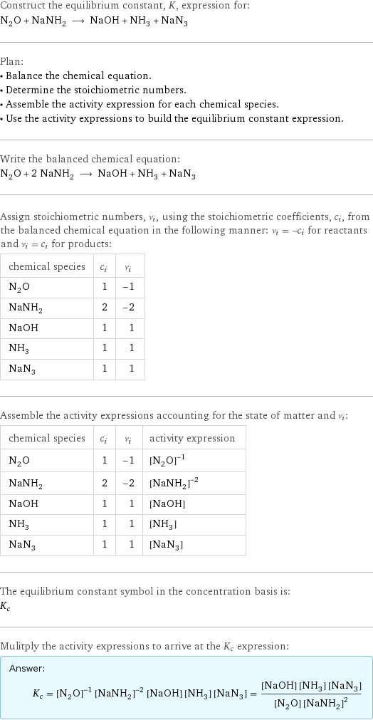 Construct the equilibrium constant, K, expression for: N_2O + NaNH_2 ⟶ NaOH + NH_3 + NaN_3 Plan: • Balance the chemical equation. • Determine the stoichiometric numbers. • Assemble the activity expression for each chemical species. • Use the activity expressions to build the equilibrium constant expression. Write the balanced chemical equation: N_2O + 2 NaNH_2 ⟶ NaOH + NH_3 + NaN_3 Assign stoichiometric numbers, ν_i, using the stoichiometric coefficients, c_i, from the balanced chemical equation in the following manner: ν_i = -c_i for reactants and ν_i = c_i for products: chemical species | c_i | ν_i N_2O | 1 | -1 NaNH_2 | 2 | -2 NaOH | 1 | 1 NH_3 | 1 | 1 NaN_3 | 1 | 1 Assemble the activity expressions accounting for the state of matter and ν_i: chemical species | c_i | ν_i | activity expression N_2O | 1 | -1 | ([N2O])^(-1) NaNH_2 | 2 | -2 | ([NaNH2])^(-2) NaOH | 1 | 1 | [NaOH] NH_3 | 1 | 1 | [NH3] NaN_3 | 1 | 1 | [NaN3] The equilibrium constant symbol in the concentration basis is: K_c Mulitply the activity expressions to arrive at the K_c expression: Answer: |   | K_c = ([N2O])^(-1) ([NaNH2])^(-2) [NaOH] [NH3] [NaN3] = ([NaOH] [NH3] [NaN3])/([N2O] ([NaNH2])^2)